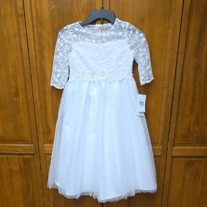 Bonnie Jean Size 8 Girls Formal White 3/4 Sleeve Lace Fit+Flare Dress NEW